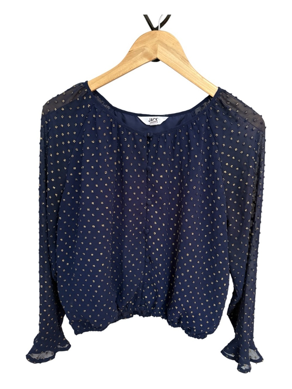 JACK by BB Dakota Navy Gold Metallic Clip Dot Button Front Blouse Small